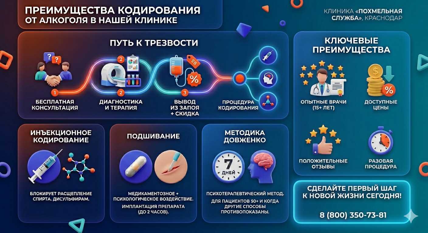 Инфографика о методах кодирования от алкоголя в Новосибирске: инъекции, подшивание, метод Довженко. Преимущества клиники и этапы лечения.